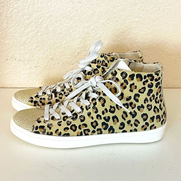 LEATHER CROWN MID TOPS in leopard print and gold metallic leather. New - Picture 9 of 14
